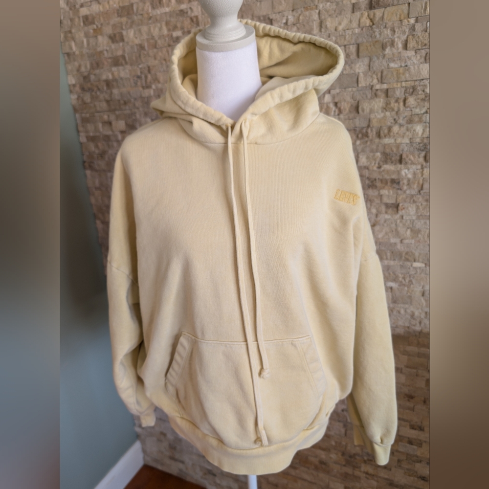 Levi's Yellow Distressed Cotton Hoodie Sweatshirt L Athleisure Soft Girl Pastel